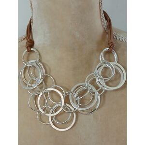 NWT St. Thomas silver tone plethora hoops 18" necklace brown cord elegant